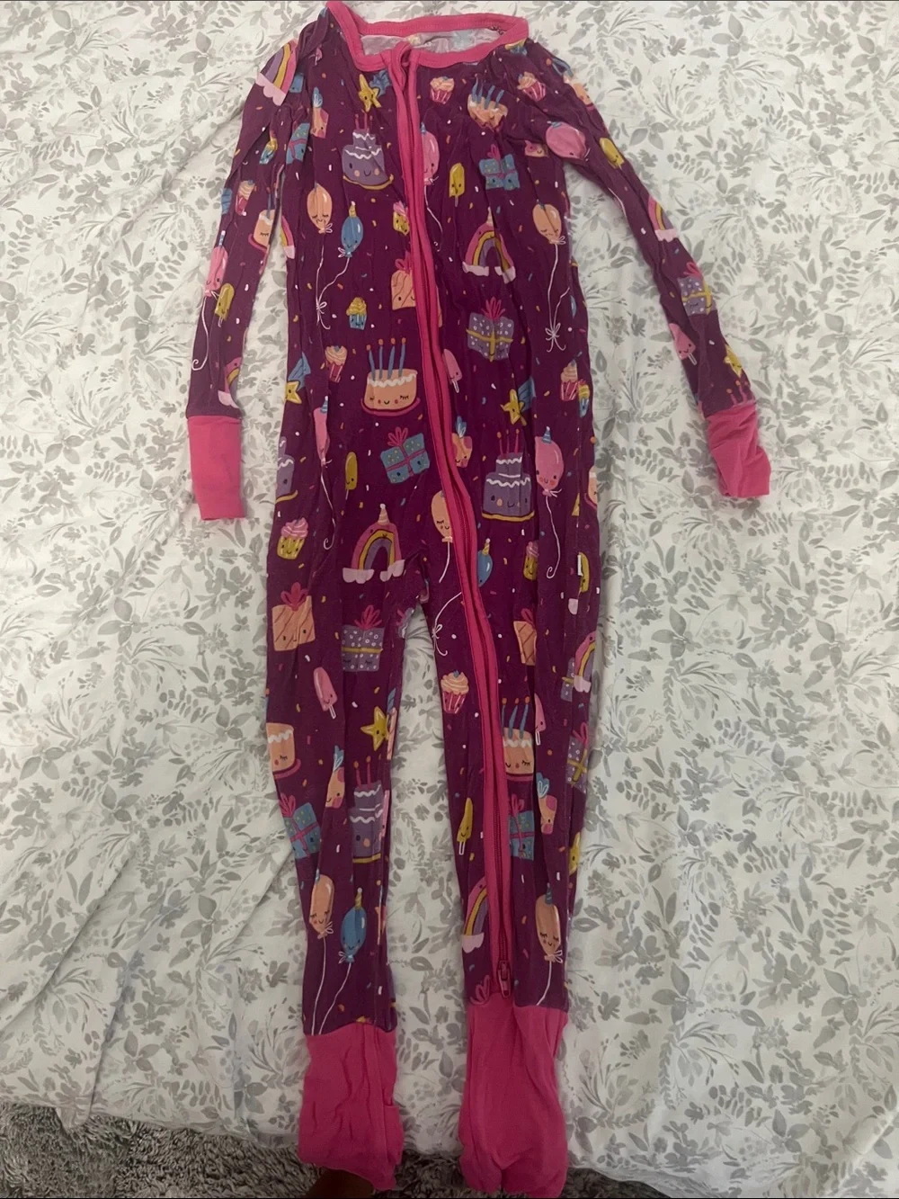 Girls' Pink Purple Birthday Print One-Piece Pajamas